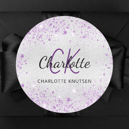 銀紫のグリッター ダスト モノグラムイニシャル 名前 ラウンドシール