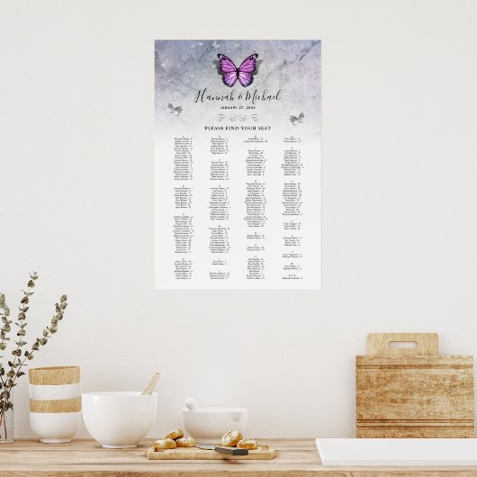 銀紫色の蝶結婚の座図 ポスター (キッチン)