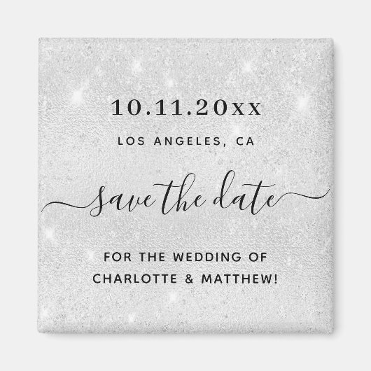 銀結婚のグリッターエレガントは日付を保存 マグネット (正面)