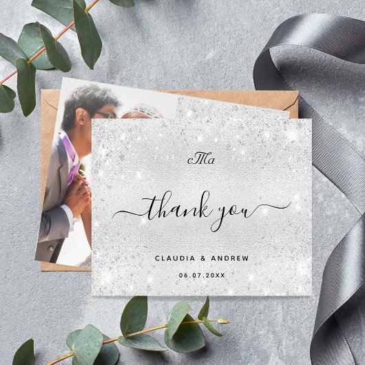 銀結婚グリッター写真サンキューカード