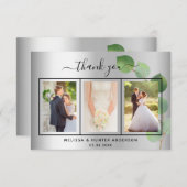 銀結婚ユーカリ写真台本エレガント サンキューカード (正面/裏面)