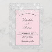 銀結婚赤面グリッター粉エレガント 招待状 (正面/裏面)