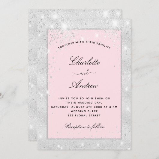 銀結婚赤面グリッター粉エレガント 招待状 (正面/裏面)
