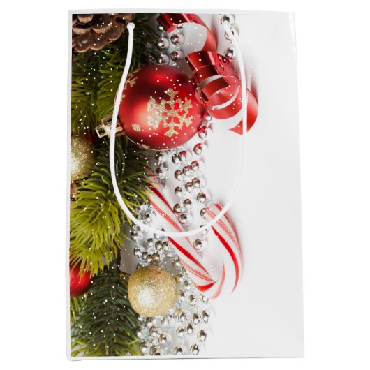 銀緑と赤のクリスマスデコレーション ミディアムペーパーバッグ (正面)
