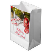 銀緑と赤のクリスマスデコレーション ミディアムペーパーバッグ (正面アングル)