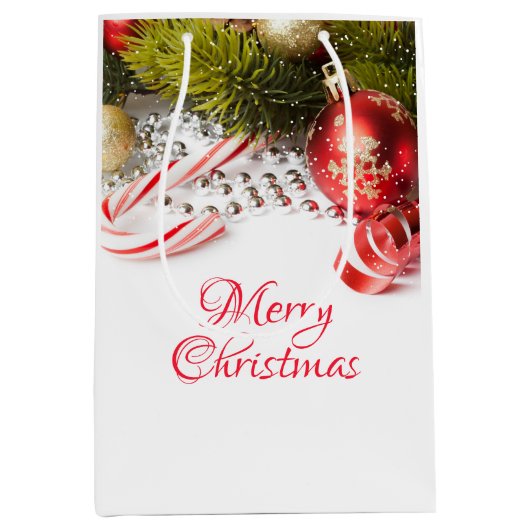 銀緑と赤のクリスマスデコレーション ミディアムペーパーバッグ (正面)