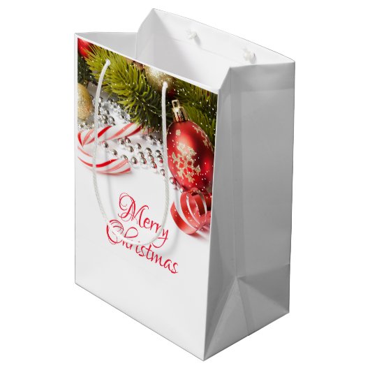 銀緑と赤のクリスマスデコレーション ミディアムペーパーバッグ (裏面アングル)