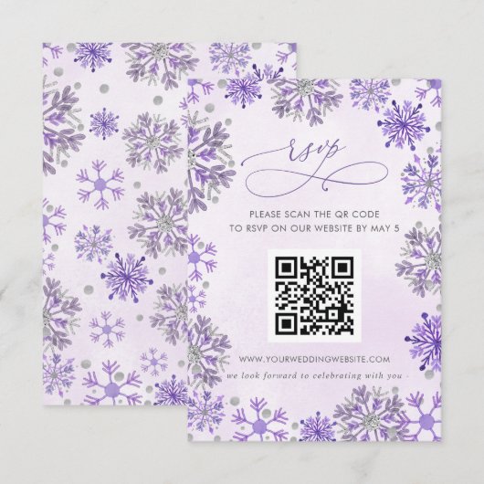 銀色と紫の雪の結晶の冬の結婚式QRコード 出欠カード (正面/裏面)