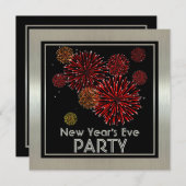 銀色と赤い花火の新年パーティー 招待状 (正面/裏面)