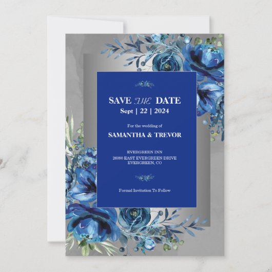 銀色と青のエレガンス 天上の愛 Save The Date 招待状 (正面)