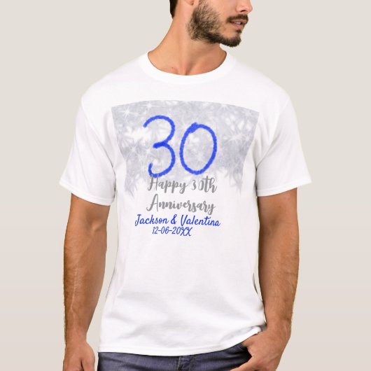 銀色と青のラメでお祝いする結婚30周年記念 Tシャツ (正面)