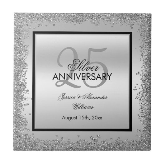 銀色と黒の煌めき 25周年記念の結婚記念日 タイル (正面)