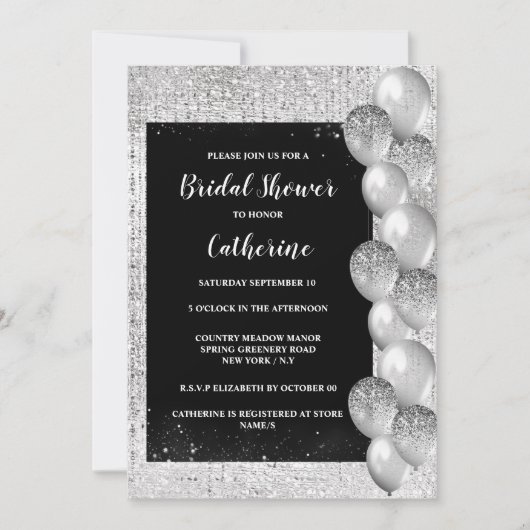 銀色のきらめくの風船が黒い豪華なエレガント上に 招待状 (正面)