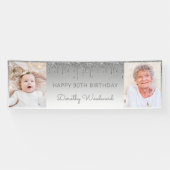 銀色のきらめくグラデーションが美しい90歳の誕生日を祝う2枚の写真入りバナー 横断幕 (横)