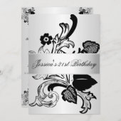 銀色のエレガント黒い花の誕生パーティー 招待状 (正面/裏面)