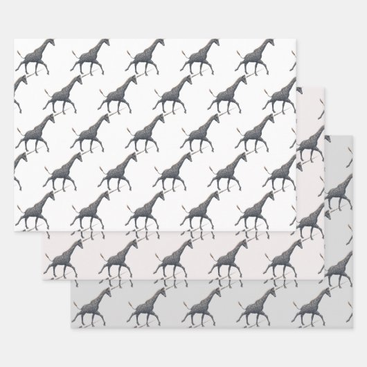 銀色のキリンのタイル模様の群れ ラッピングペーパーシート (セット)