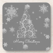 銀色のクリスマスツリーと雪 コースター (正面)