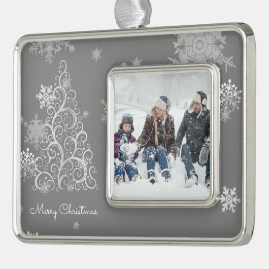 銀色のクリスマスツリーと雪 シルバープレートフレームオーナメント (左)