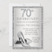 銀色のグリッターのハイヒール 70歳の誕生日お祝い 招待状 (正面)