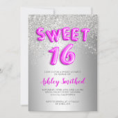 銀色のグリッター文字金属ピンクsweet sixteen 招待状 (正面)
