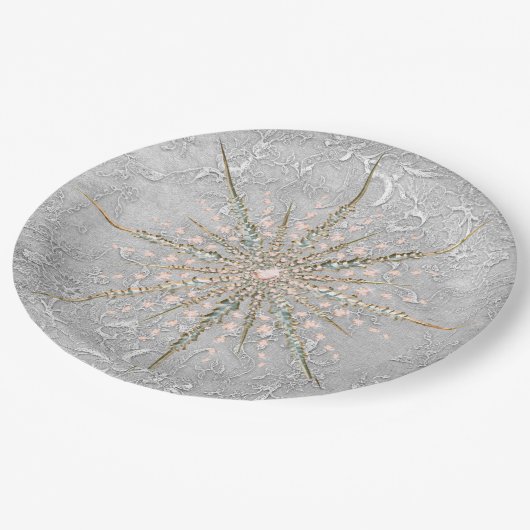 銀色のスノーフレークエレガントピンクヴィンテージの冬のパペ ペーパープレート (アングル)
