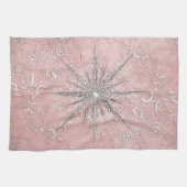 銀色のスノーフレークピンクエレガントヴィンテージ冬 キッチンタオル (横)