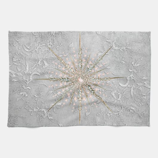 銀色のスノーフレークピンクエレガントヴィンテージ冬 キッチンタオル (横)