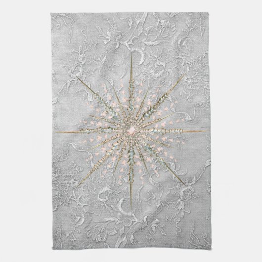 銀色のスノーフレークピンクエレガントヴィンテージ冬 キッチンタオル (縦)
