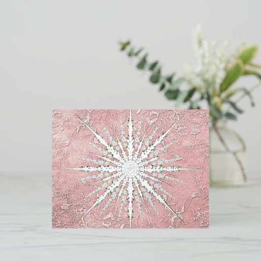 銀色のスノーフレークピンクエレガントヴィンテージ冬 箔シーズンポストカード (立ち正面)