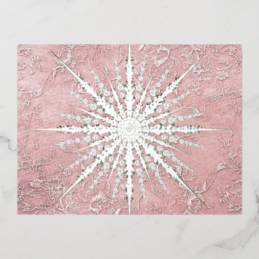 銀色のスノーフレークピンクエレガントヴィンテージ冬 箔シーズンポストカード (正面)