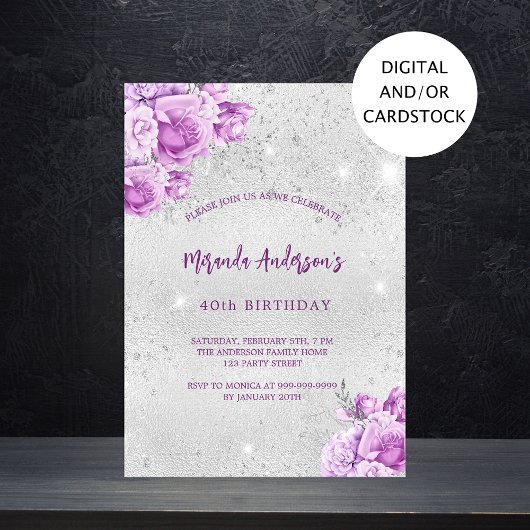 銀色のスミレ花誕生日 招待状