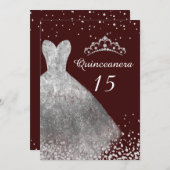 銀色のドレス ワインレッドのキンセアニエラパーティー 15歳の誕生日 招待状 (正面/裏面)