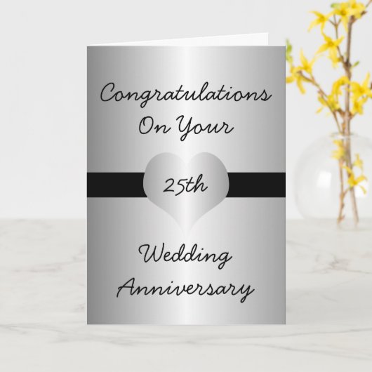 銀色のハートの25回目結婚記念日カード カード (黄色い花)