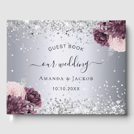銀色のバーガンディ結婚ピンクの花 ゲストブック (正面)