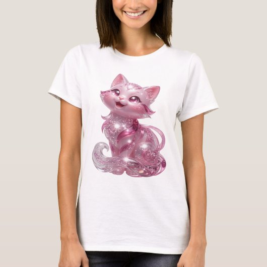 銀色のピンクグリッター猫のカスタムTシャツ Tシャツ (正面)