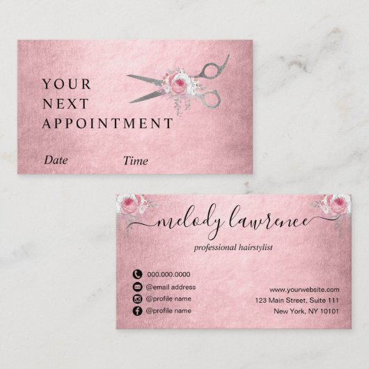 銀色のピンク色のローズ·金ゴールド·ハザーズ·ヘアスタイリスト 予約カード (正面/裏面)