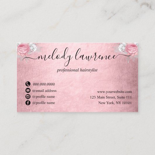 銀色のピンク色のローズ·金ゴールド·ハザーズ·ヘアスタイリスト 名刺 (裏面)