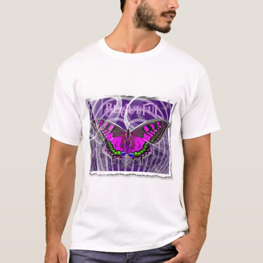 銀色のフレームにカラフルな蝶と渦巻き Tシャツ (正面)