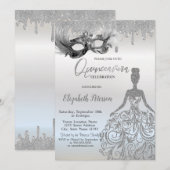 銀色のマスカレードドレス 雫 キンキラキラ Quinceanera 招待状 (正面/裏面)