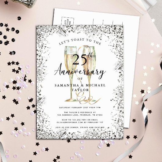 銀色のモダンな結婚25周年記念 インビテーションポストカード