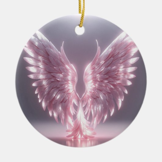 銀色のライトピンクエンジェルウィングシンボル セラミックオーナメント (正面)