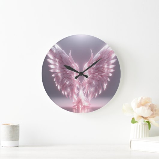 銀色のライトピンクエンジェルウィングシンボル ラージ壁時計 (ホーム)
