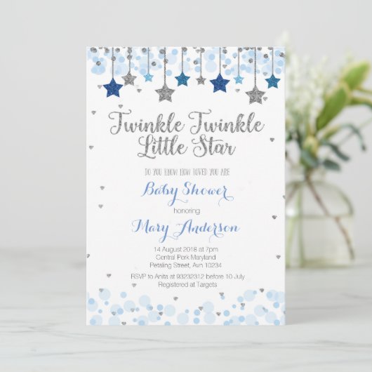 銀色の光る小さな星の赤ちゃんシャワー 招待状 (スタンド正面)