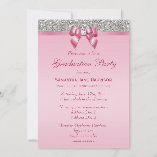 銀色の宝石がフェイク女の子の卒業パーティー 招待状 (裏面)