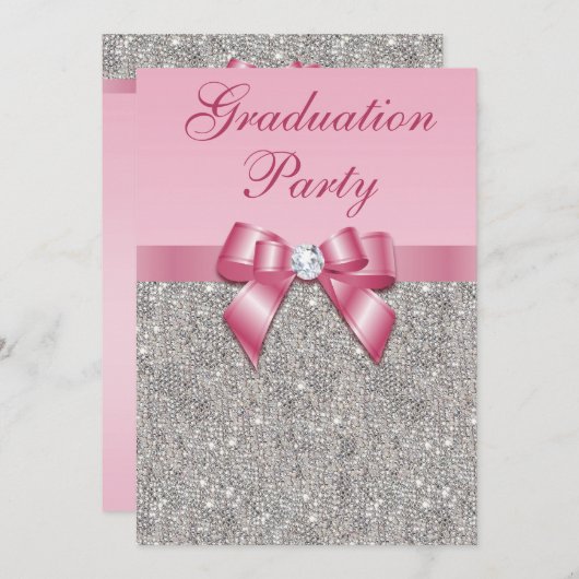 銀色の宝石がフェイク女の子の卒業パーティー 招待状 (正面/裏面)