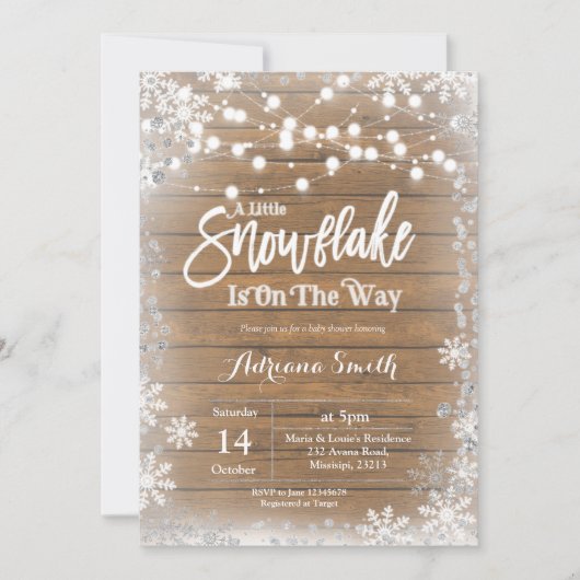 銀色の小さな雪片がベビーシャワーの途中です 招待状 (正面)
