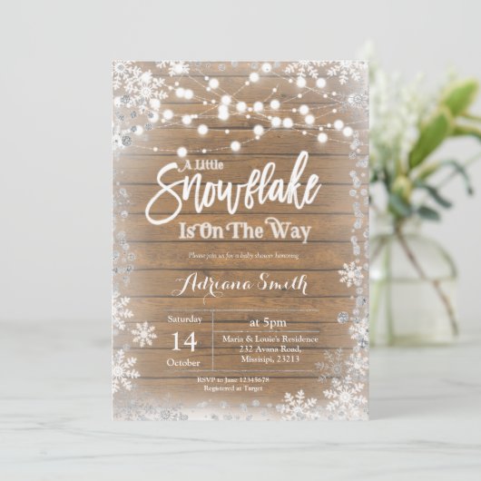 銀色の小さな雪片がベビーシャワーの途中です 招待状 (スタンド正面)