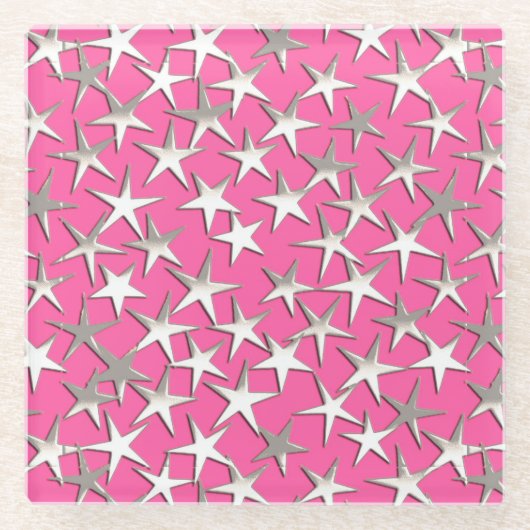 銀色の明るい赤紫色ピンク ガラスコースター (正面)