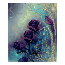 銀色の木に鳥を乗せた紫のバラ