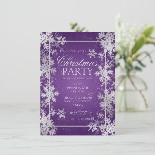 銀色の紫の箔の雪片クリスマスパーティー 招待状 (スタンド正面)